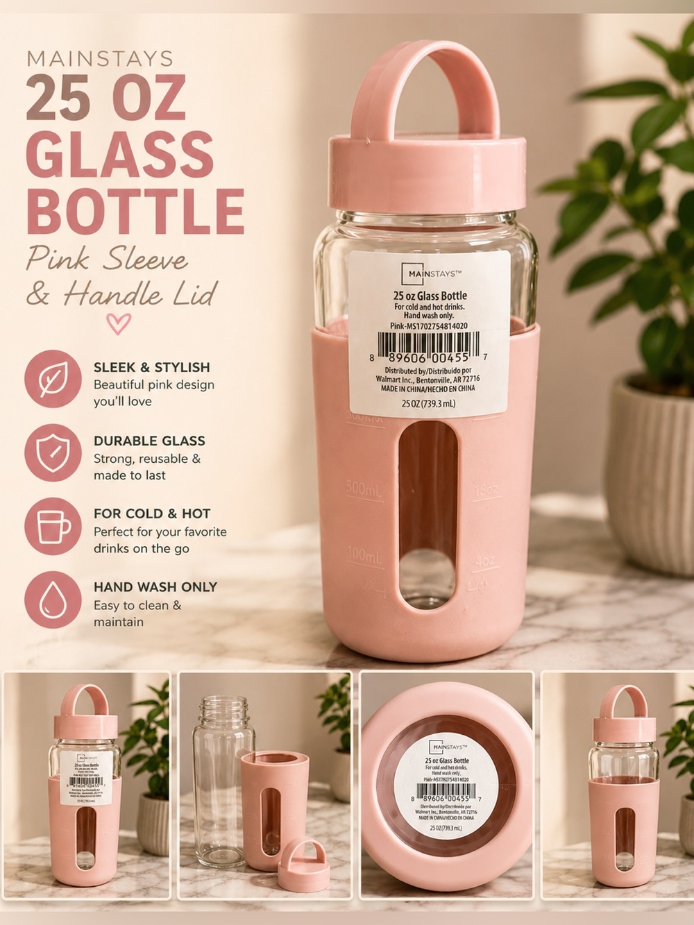 Mainstays Pink 25 oz Glass Water Bottle with Silicone Sleeve & Handle
